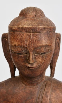 18th Century, Shan, Antique Burmese Wooden Seated Buddha
