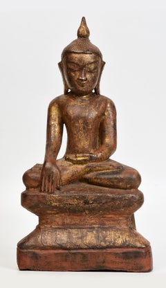 18th Century, Shan, Antique Burmese Wooden Seated Buddha