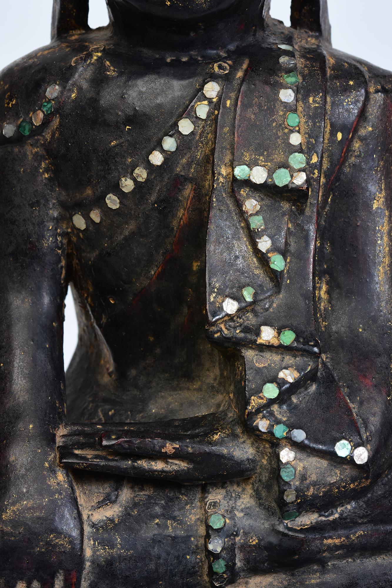 Hand-Carved 18th Century, Shan, Antique Burmese Wooden Seated Buddha For Sale