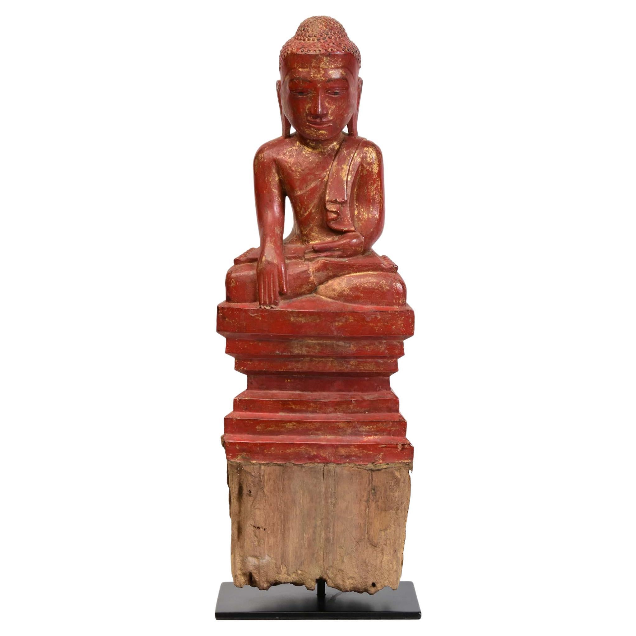 18th Century, Shan, Antique Burmese Wooden Seated Buddha