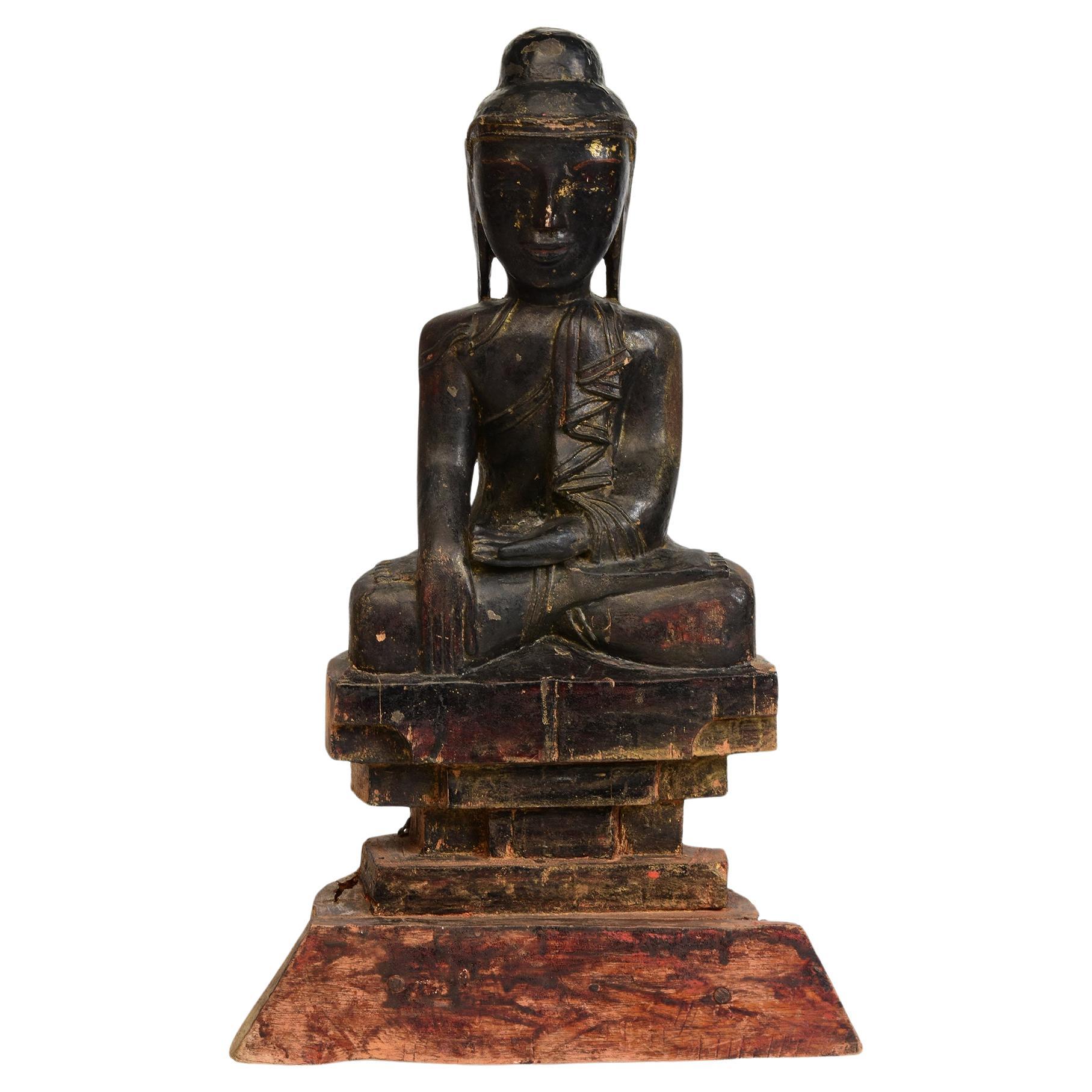 18th Century, Shan, Antique Burmese Wooden Seated Buddha