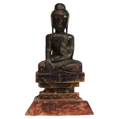 Bouddha assis en bois birman ancien Shan du 18ème siècle