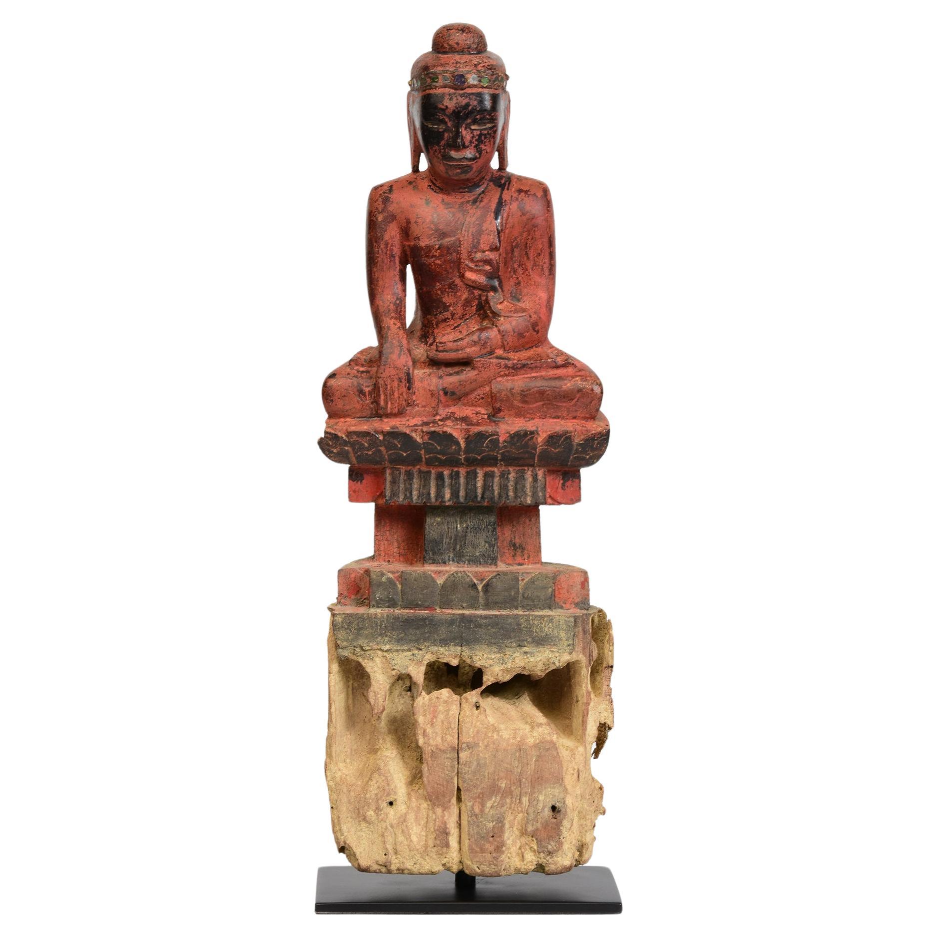 18th Century, Shan, Antique Burmese Wooden Seated Buddha