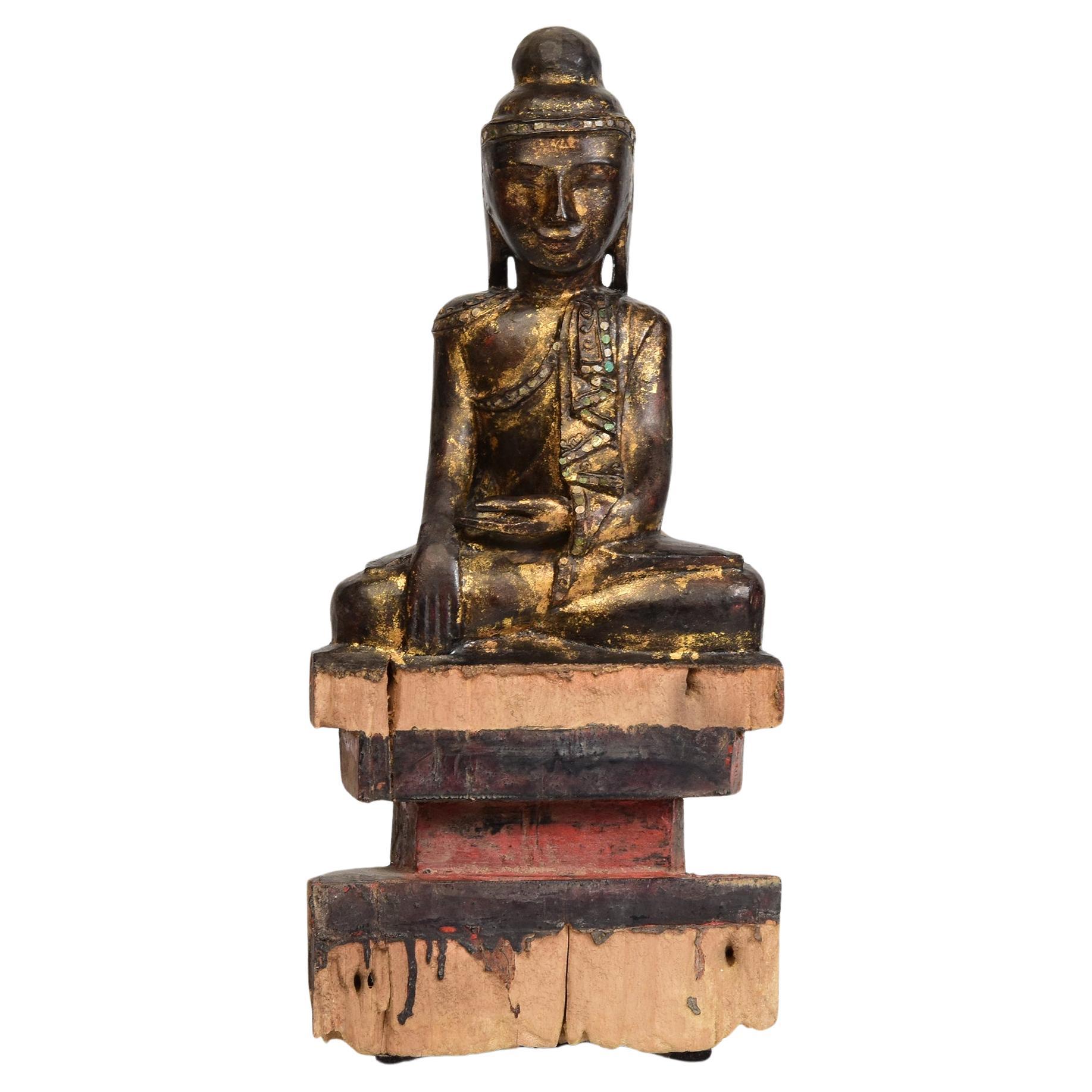 18th Century, Shan, Antique Burmese Wooden Seated Buddha