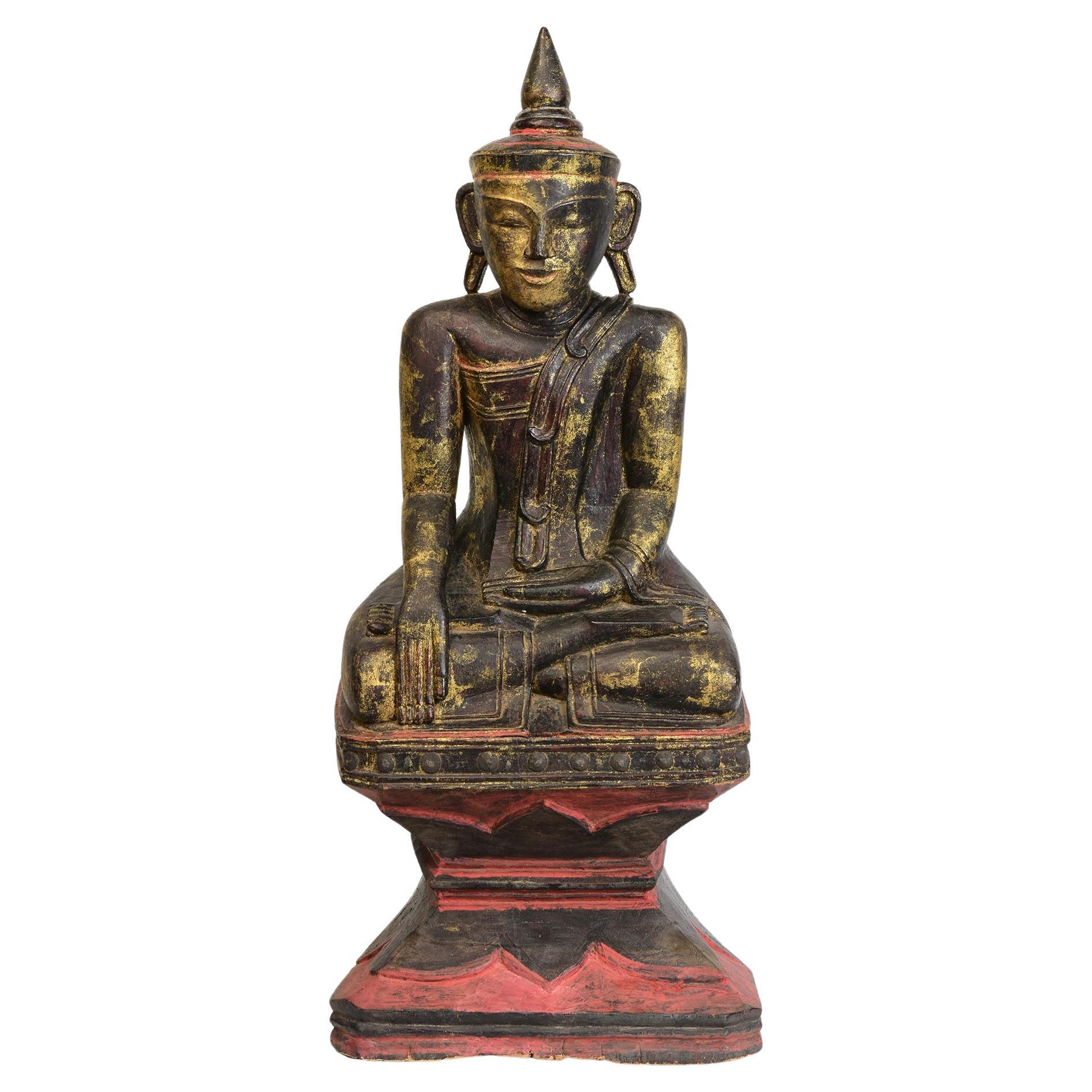 18th Century, Shan, Antique Burmese Wooden Seated Buddha