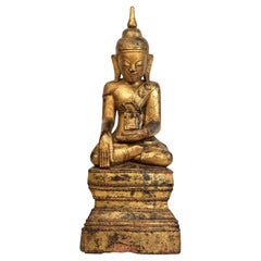 18th Century, Shan, Antique Burmese Wooden Seated Buddha with Gilded Gold