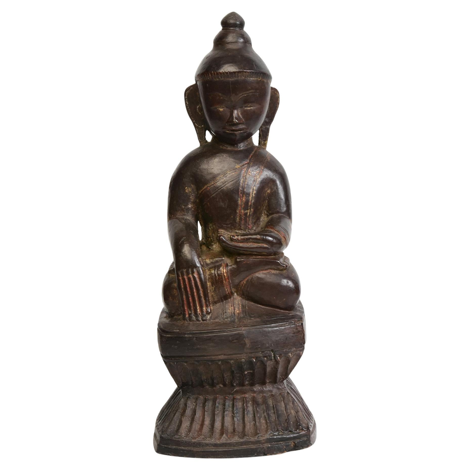 18th Century, Shan, Antique Burmese Wooden Seated Buddha