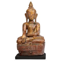 18th Century, Shan, Antique Burmese Wooden Seated Buddha