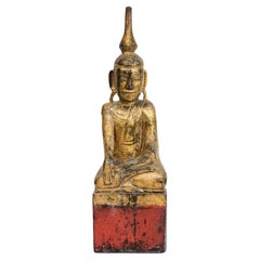 18th Century, Shan, Antique Burmese Wooden Seated Buddha