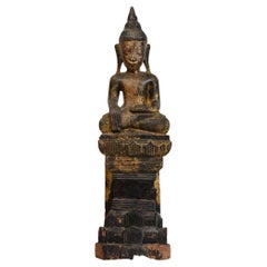 18th Century, Shan, Antique Burmese Wooden Seated Buddha