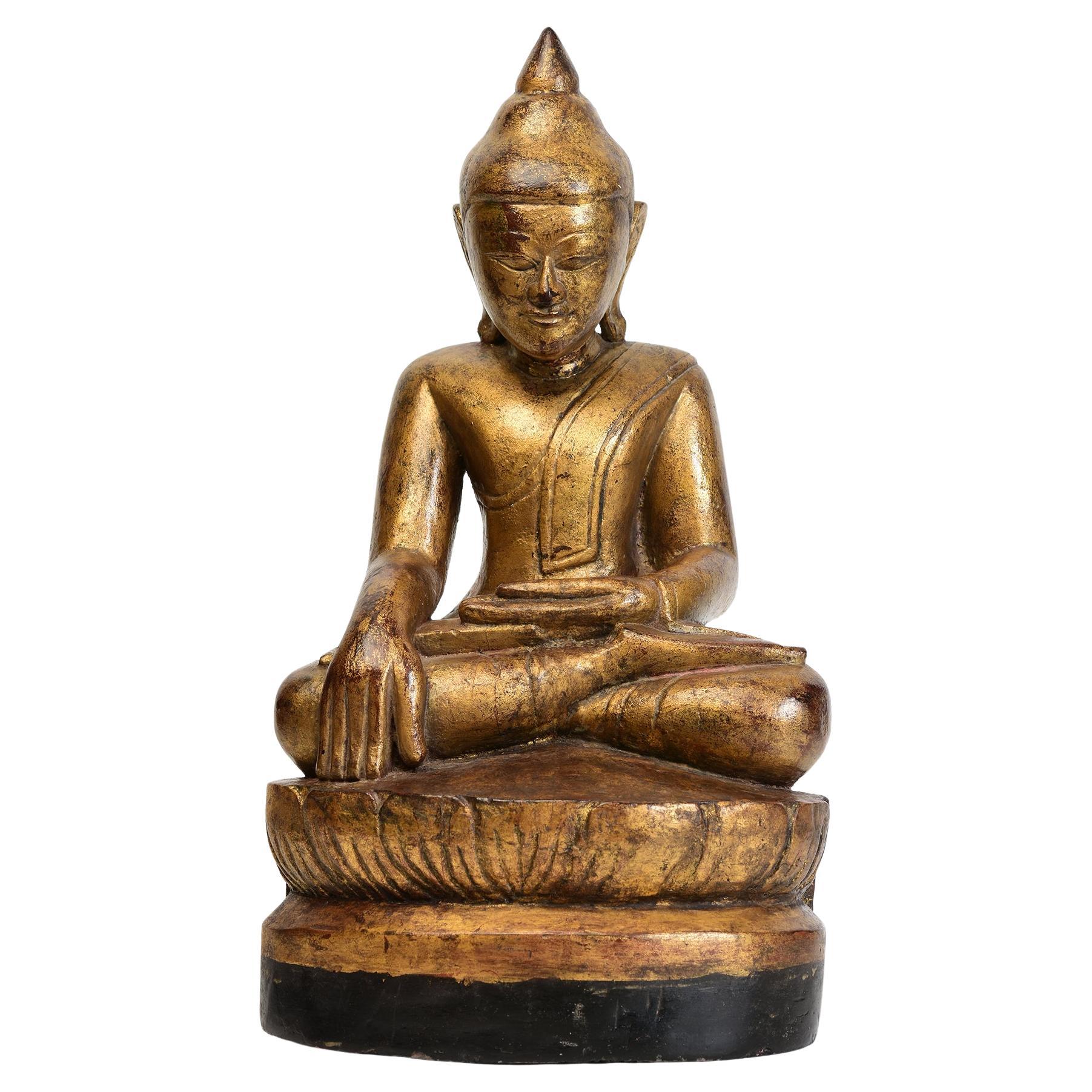 18th Century, Shan, Antique Burmese Wooden Seated Buddha
