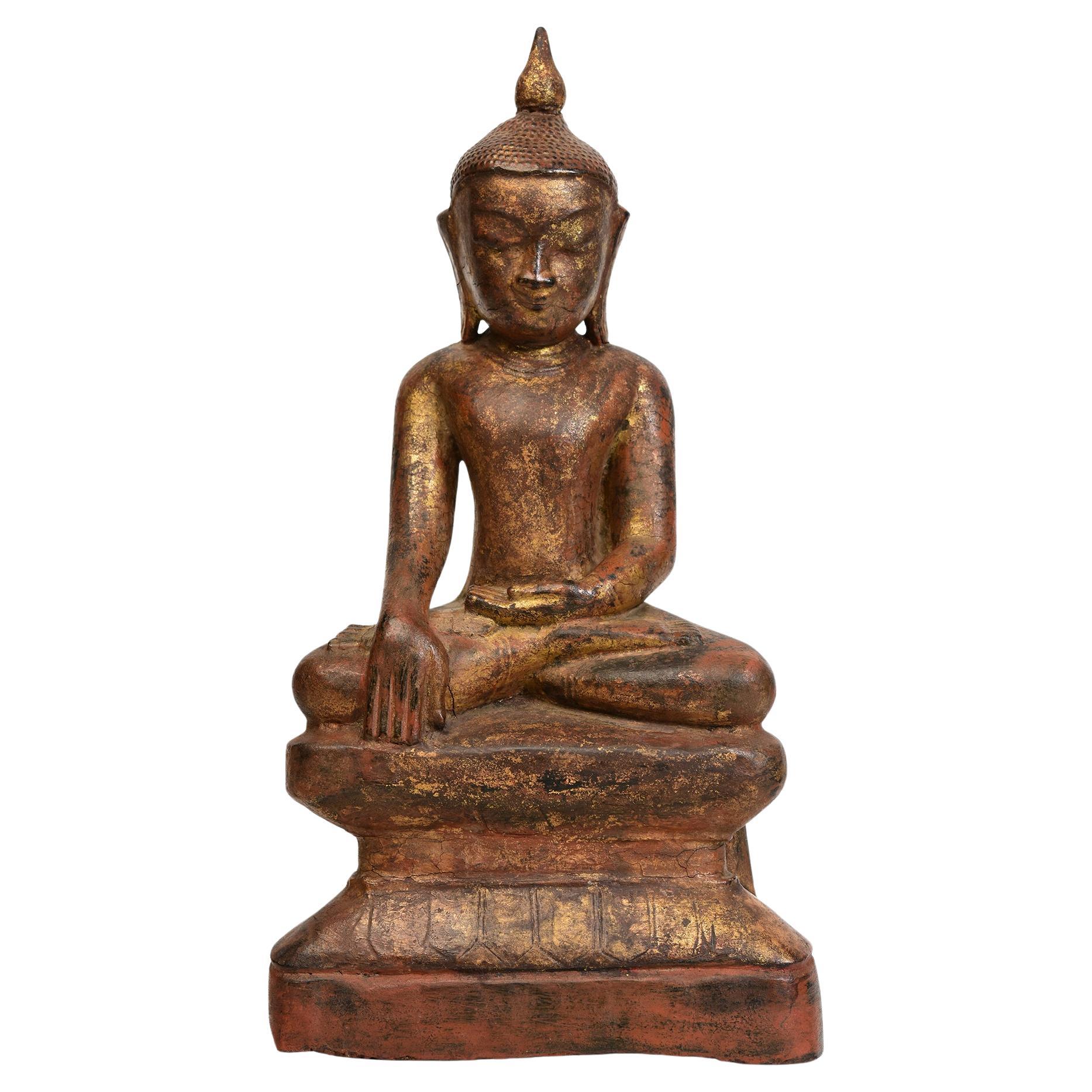 18th Century, Shan, Antique Burmese Wooden Seated Buddha