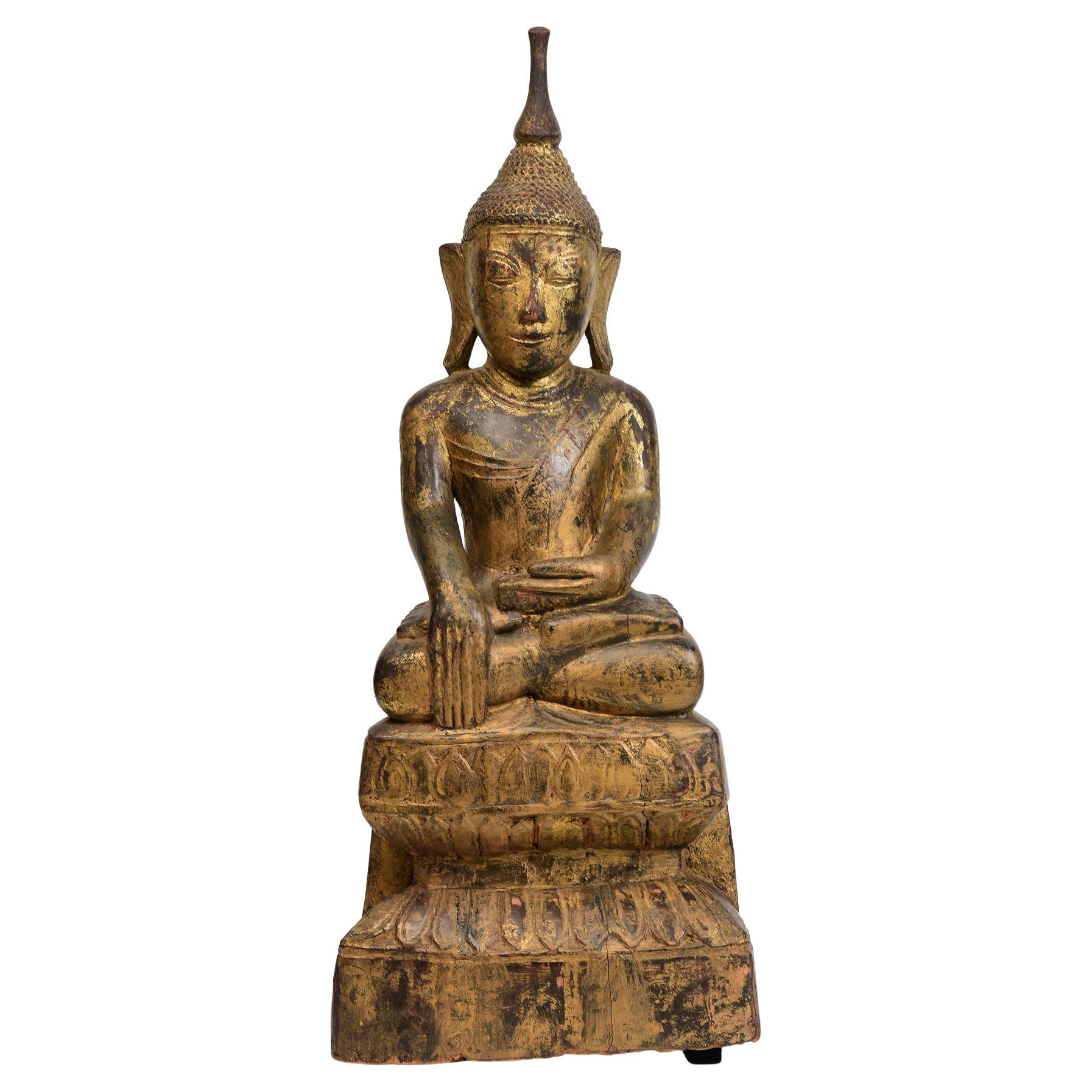 18th Century, Shan, Antique Burmese Wooden Seated Buddha