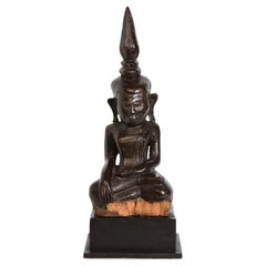 18th Century, Shan, Antique Burmese Wooden Seated Buddha