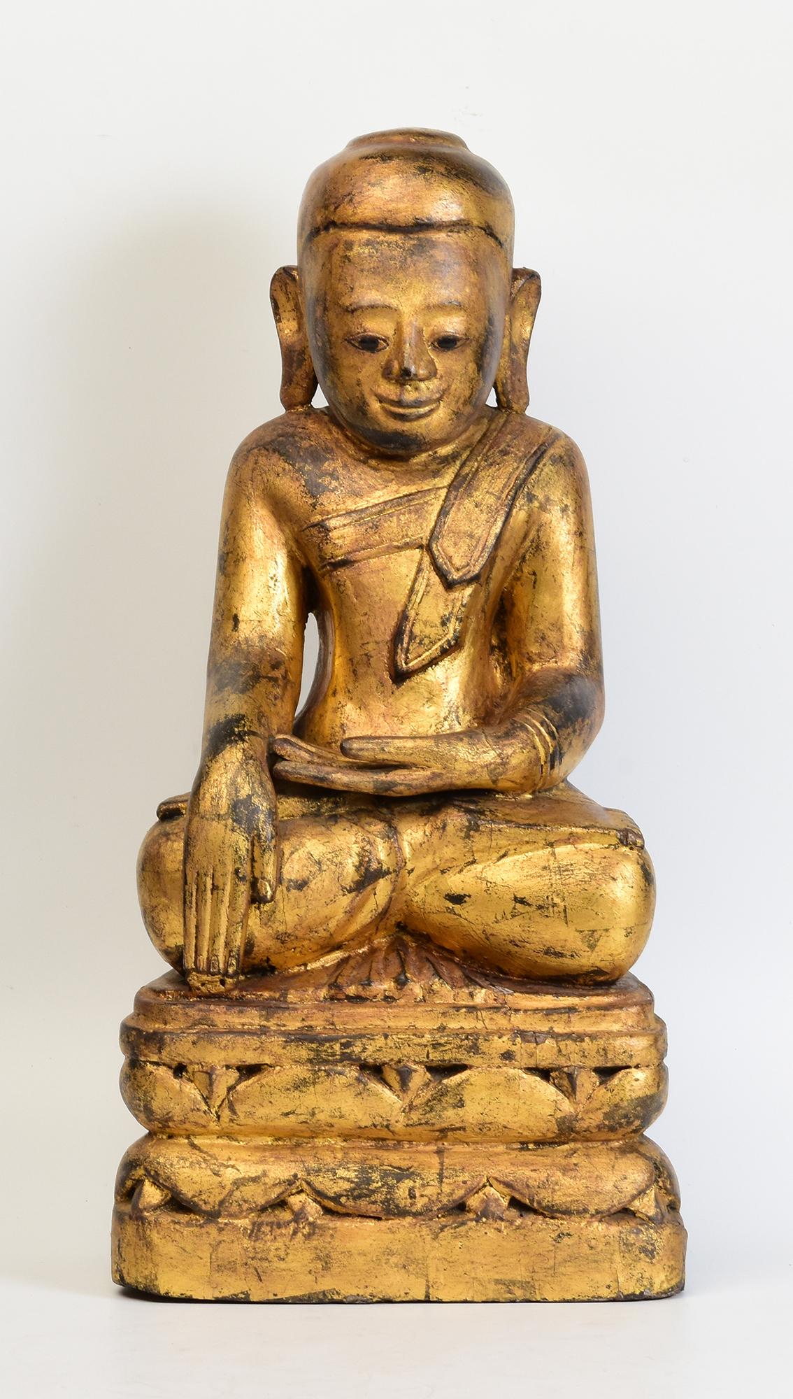 17th Century, Shan, Antique Burmese Wooden Seated Buddha with Gilded Gold For Sale 7