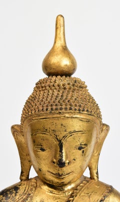18th Century, Shan, Antique Burmese Wooden Seated Buddha with Gilded Gold