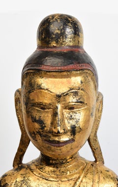 18th Century, Shan, Antique Burmese Wooden Seated Buddha with Gilded Gold