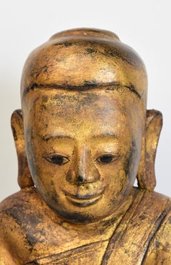 17th Century, Shan, Antique Burmese Wooden Seated Buddha with Gilded Gold