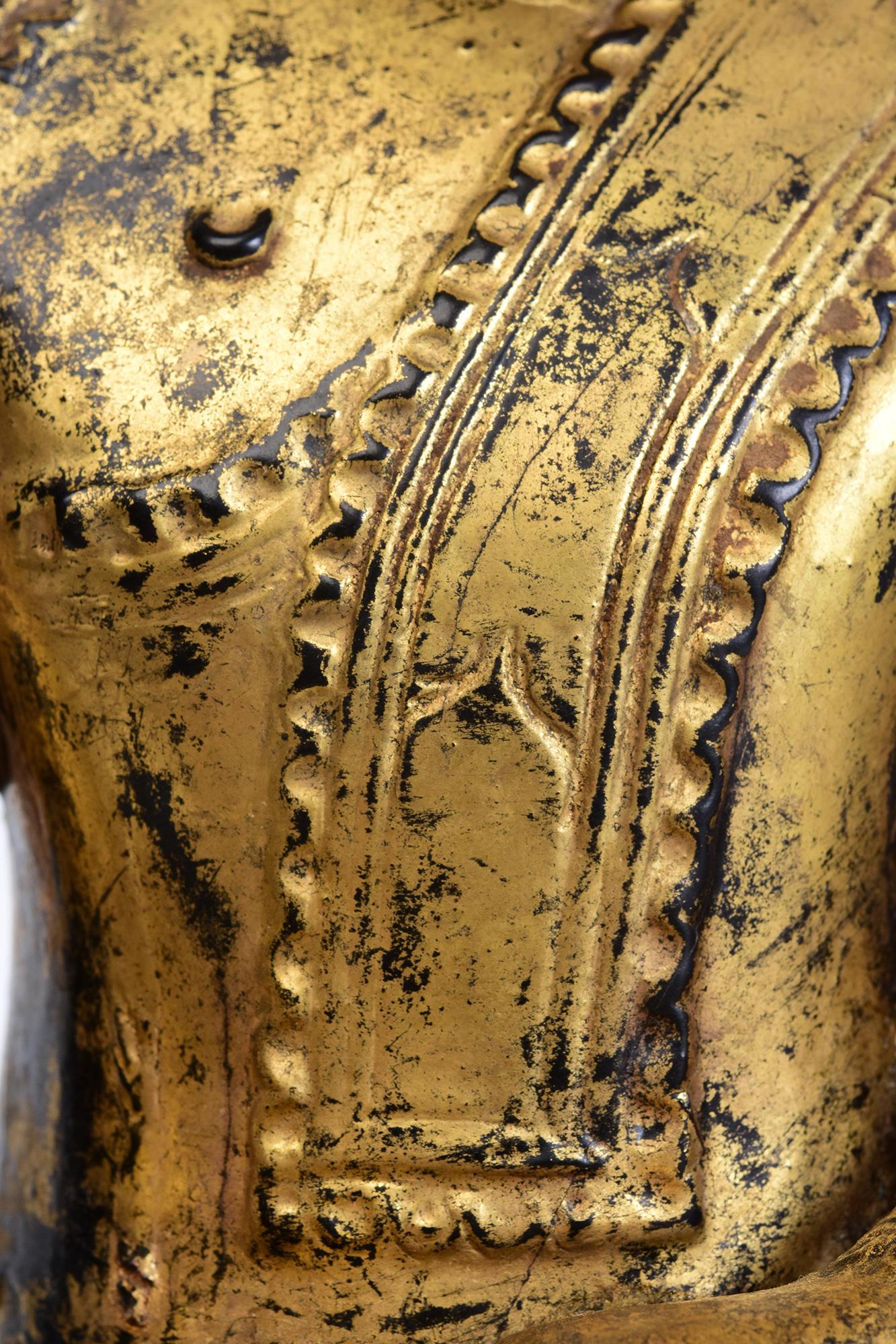 Hand-Carved 18th Century, Shan, Antique Burmese Wooden Seated Buddha with Gilded Gold For Sale