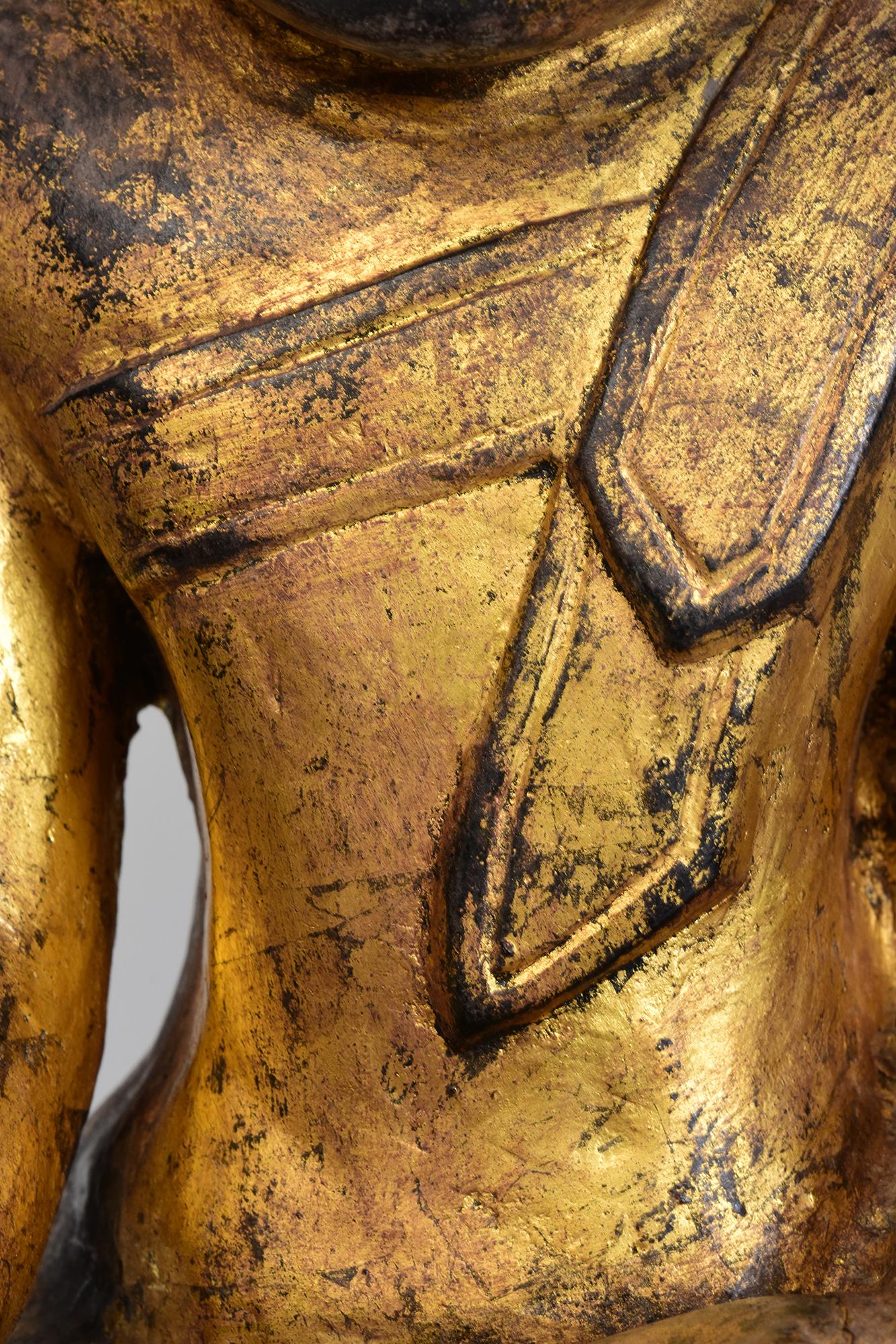 Gilt 17th Century, Shan, Antique Burmese Wooden Seated Buddha with Gilded Gold For Sale
