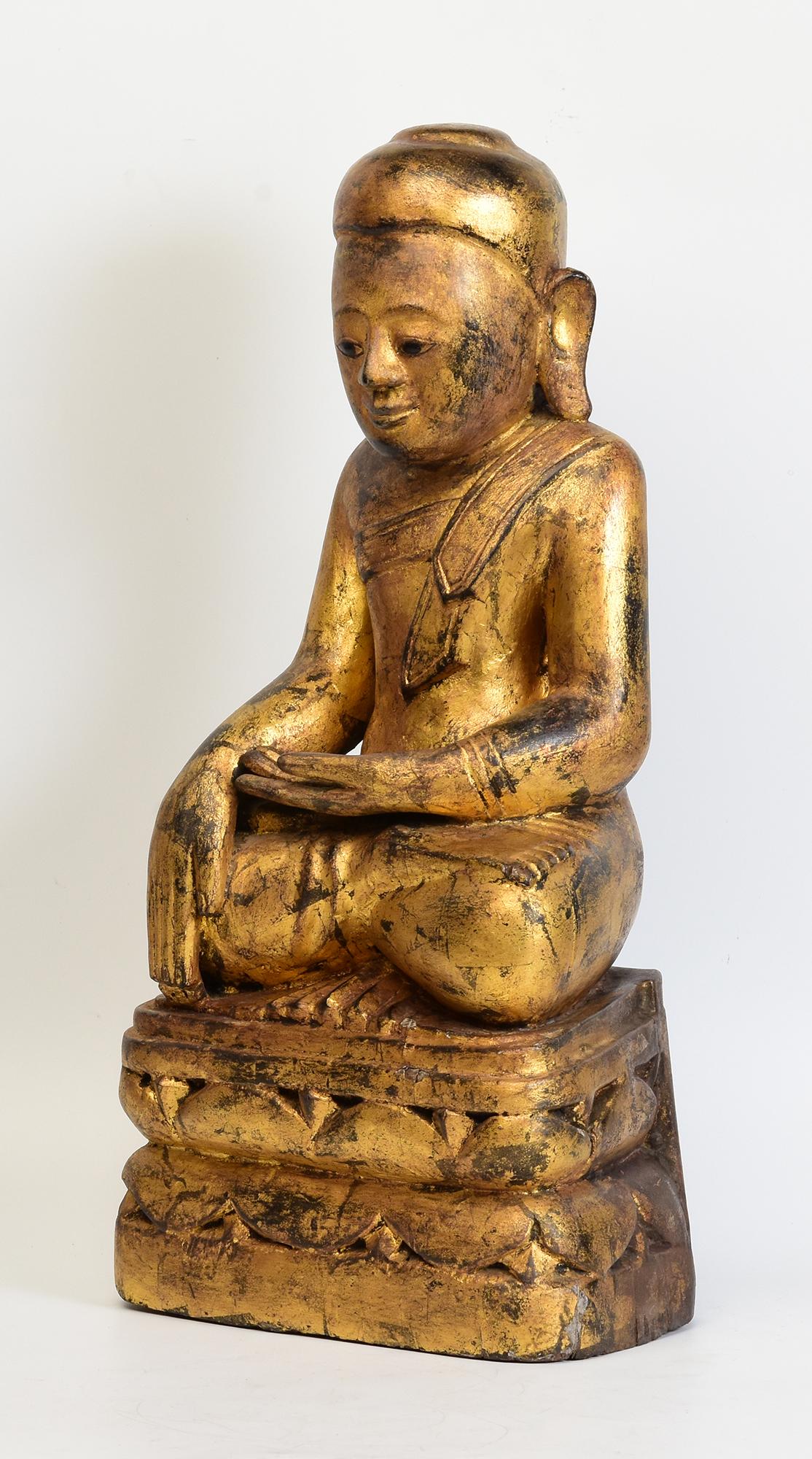 17th Century, Shan, Antique Burmese Wooden Seated Buddha with Gilded Gold For Sale 1