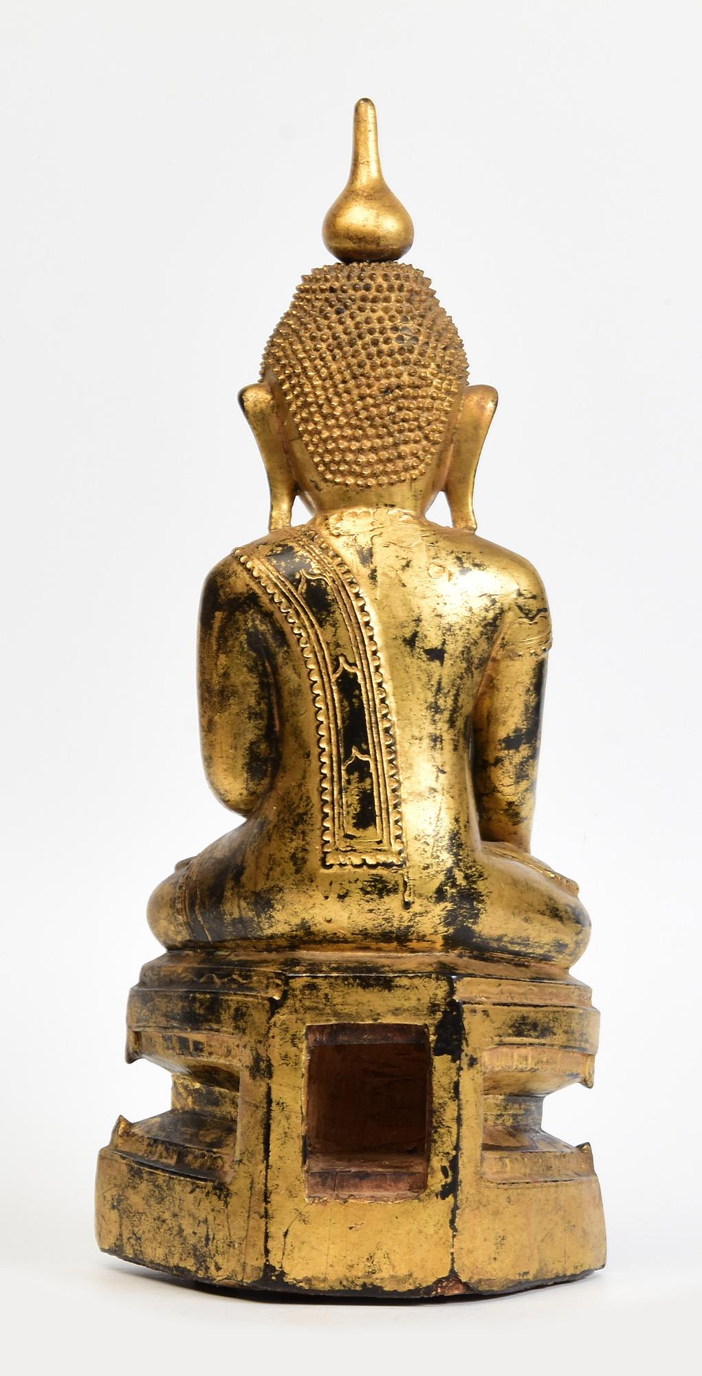 18th Century, Shan, Antique Burmese Wooden Seated Buddha with Gilded Gold For Sale 3