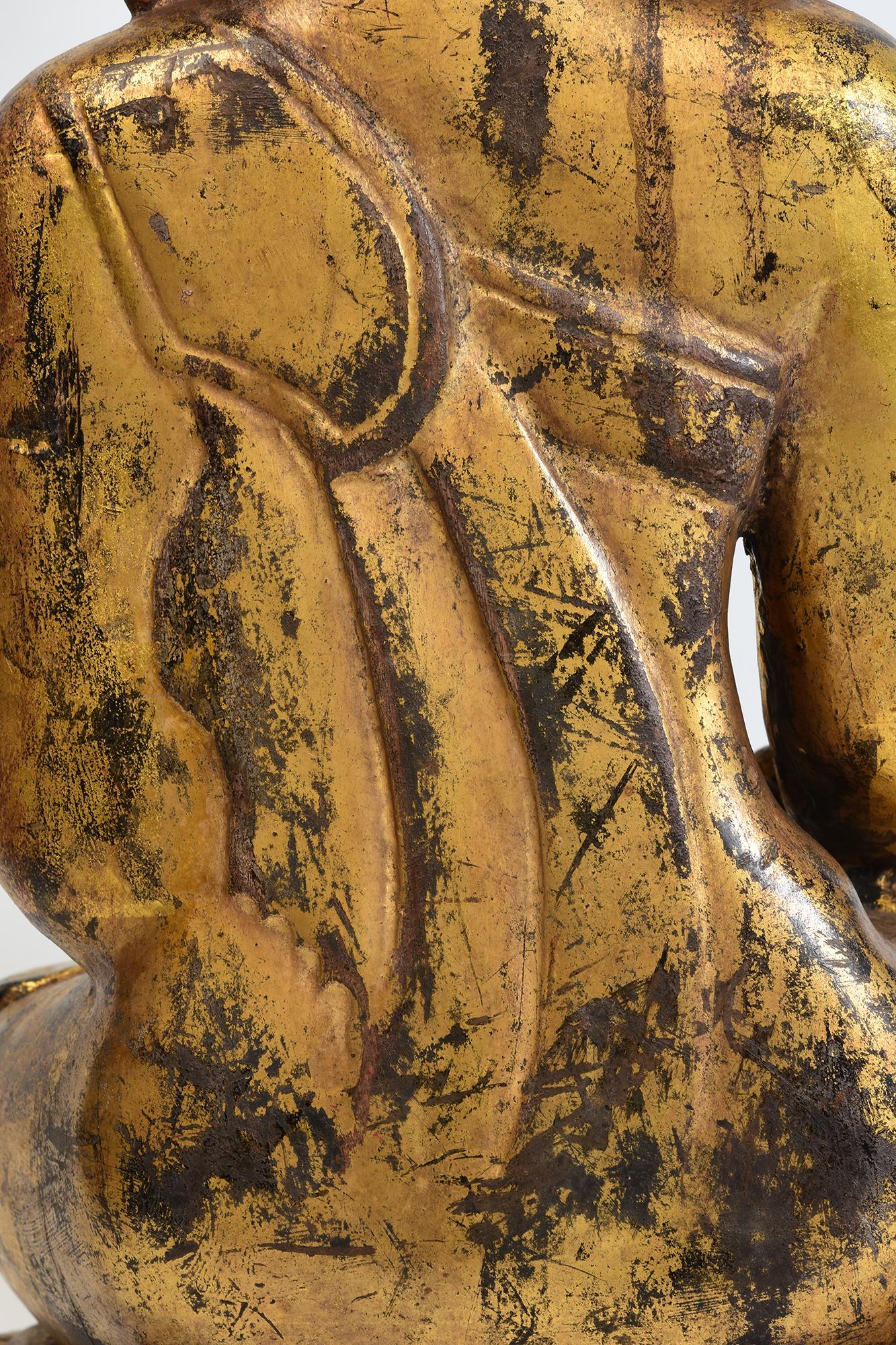 17th Century, Shan, Antique Burmese Wooden Seated Buddha with Gilded Gold For Sale 4