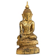 18th Century, Shan, Antique Burmese Wooden Seated Buddha with Gilded Gold