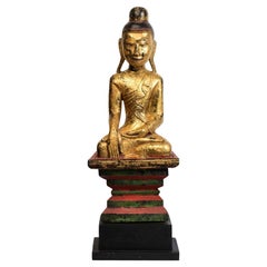 18th Century, Shan, Antique Burmese Wooden Seated Buddha with Gilded Gold