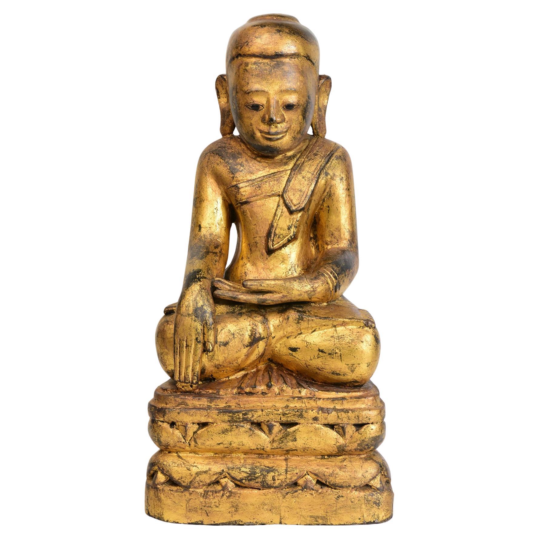 17th Century, Shan, Antique Burmese Wooden Seated Buddha with Gilded Gold
