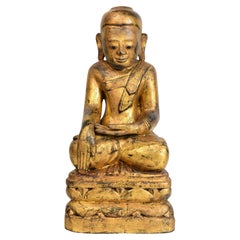 17th Century, Shan, Antique Burmese Wooden Seated Buddha with Gilded Gold