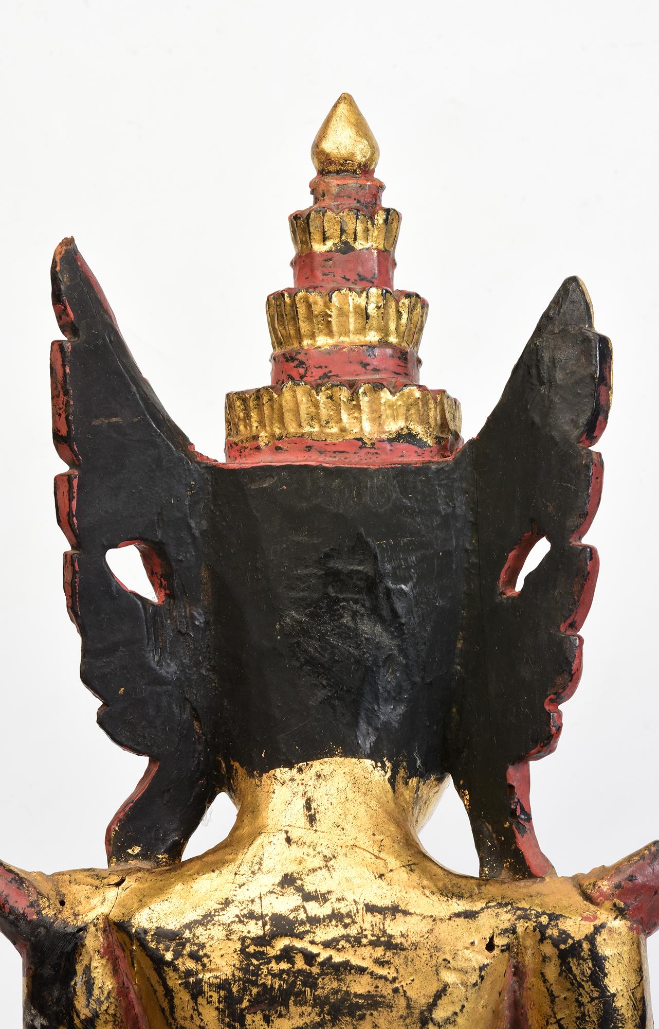 18th Century, Shan, Antique Burmese Wooden Seated Crowned Buddha For Sale 5