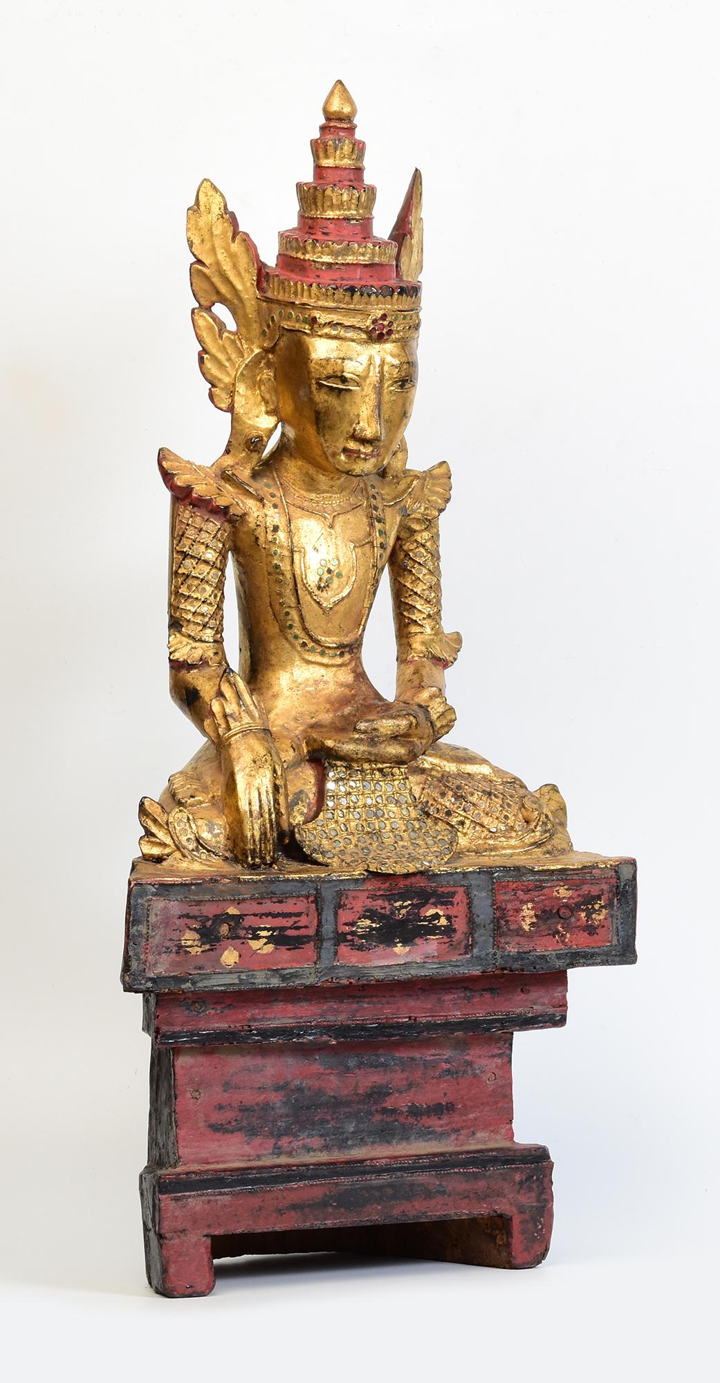 18th Century, Shan, Antique Burmese Wooden Seated Crowned Buddha For Sale 8