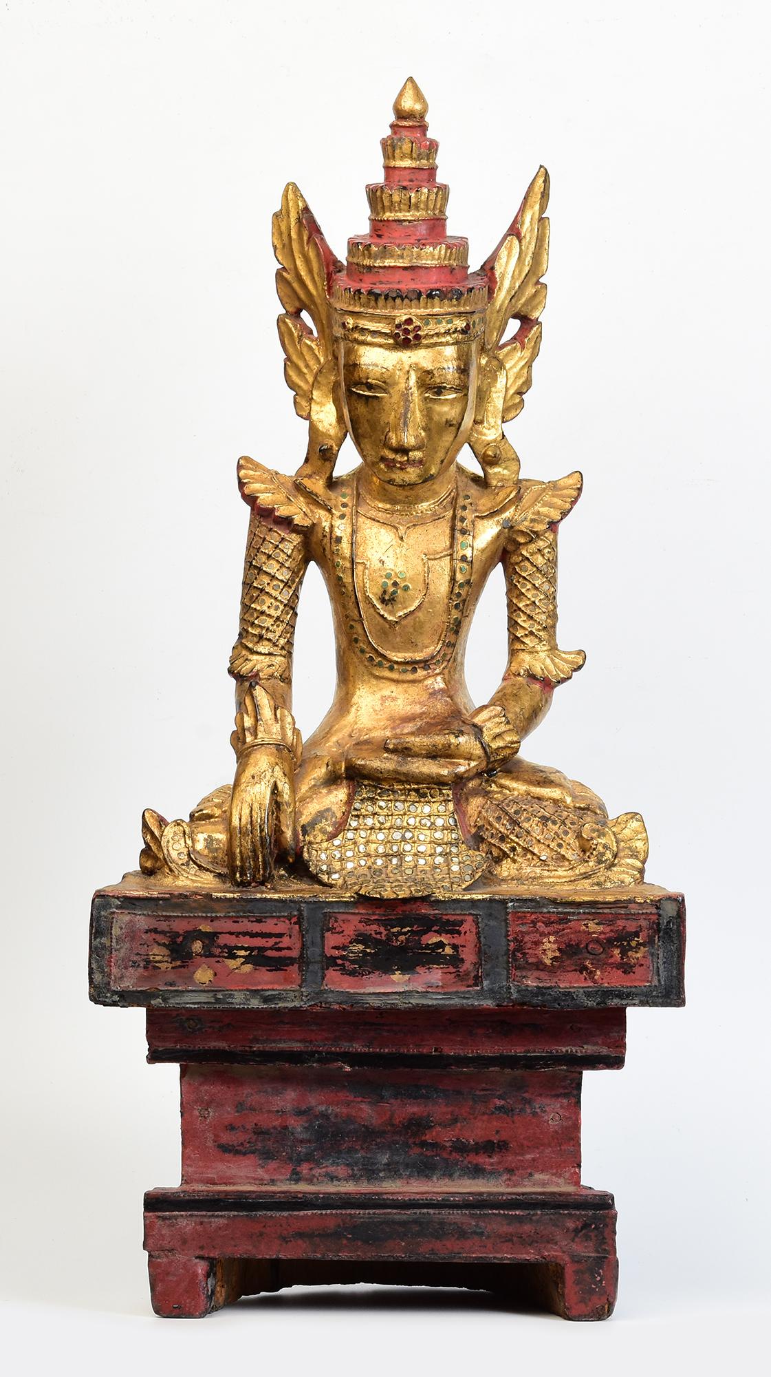 18th Century, Shan, Antique Burmese Wooden Seated Crowned Buddha For Sale 9