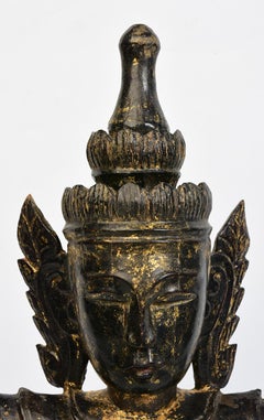 18th Century, Shan, Antique Burmese Wooden Seated Crowned Buddha