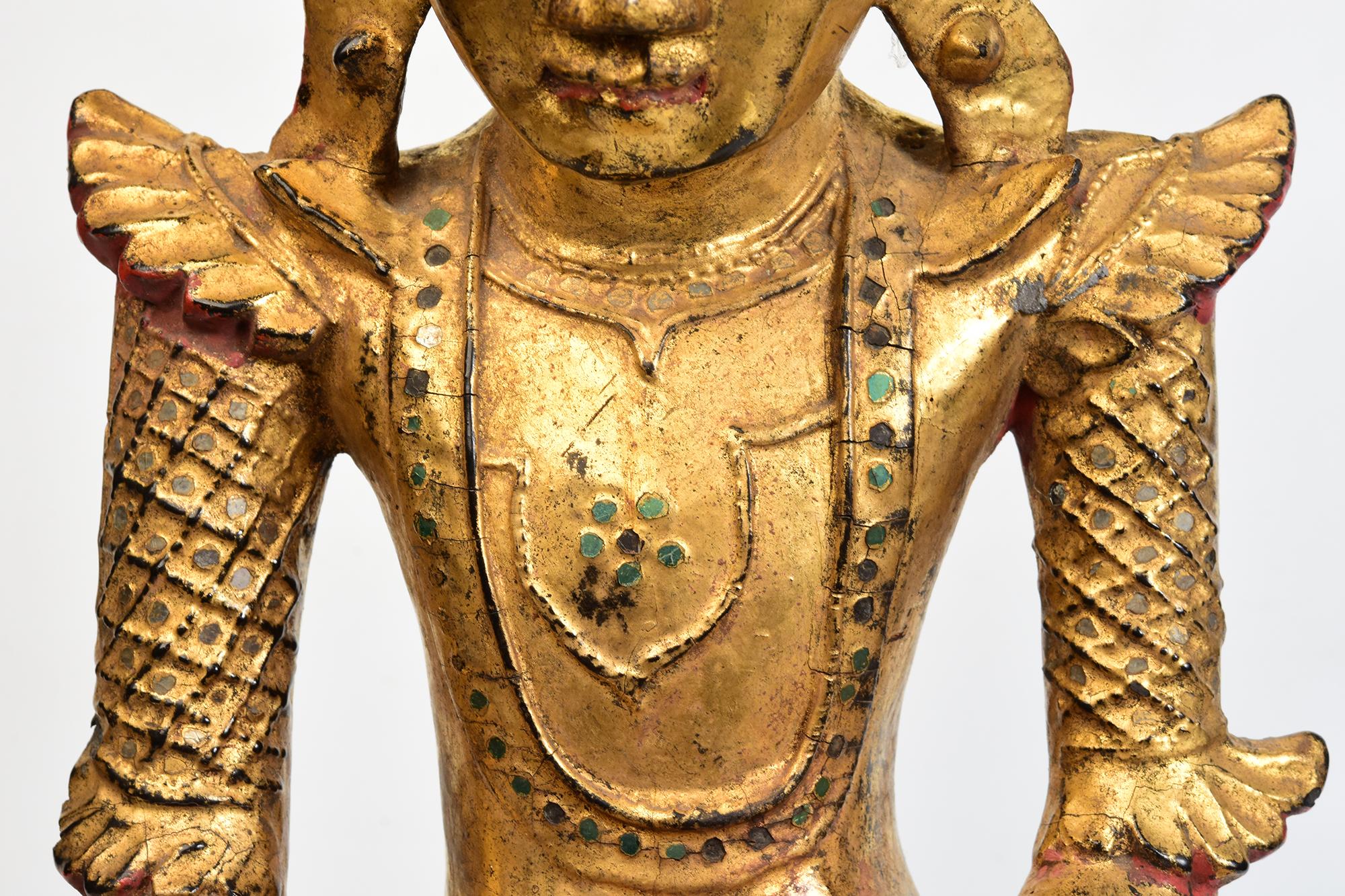 Hand-Carved 18th Century, Shan, Antique Burmese Wooden Seated Crowned Buddha For Sale