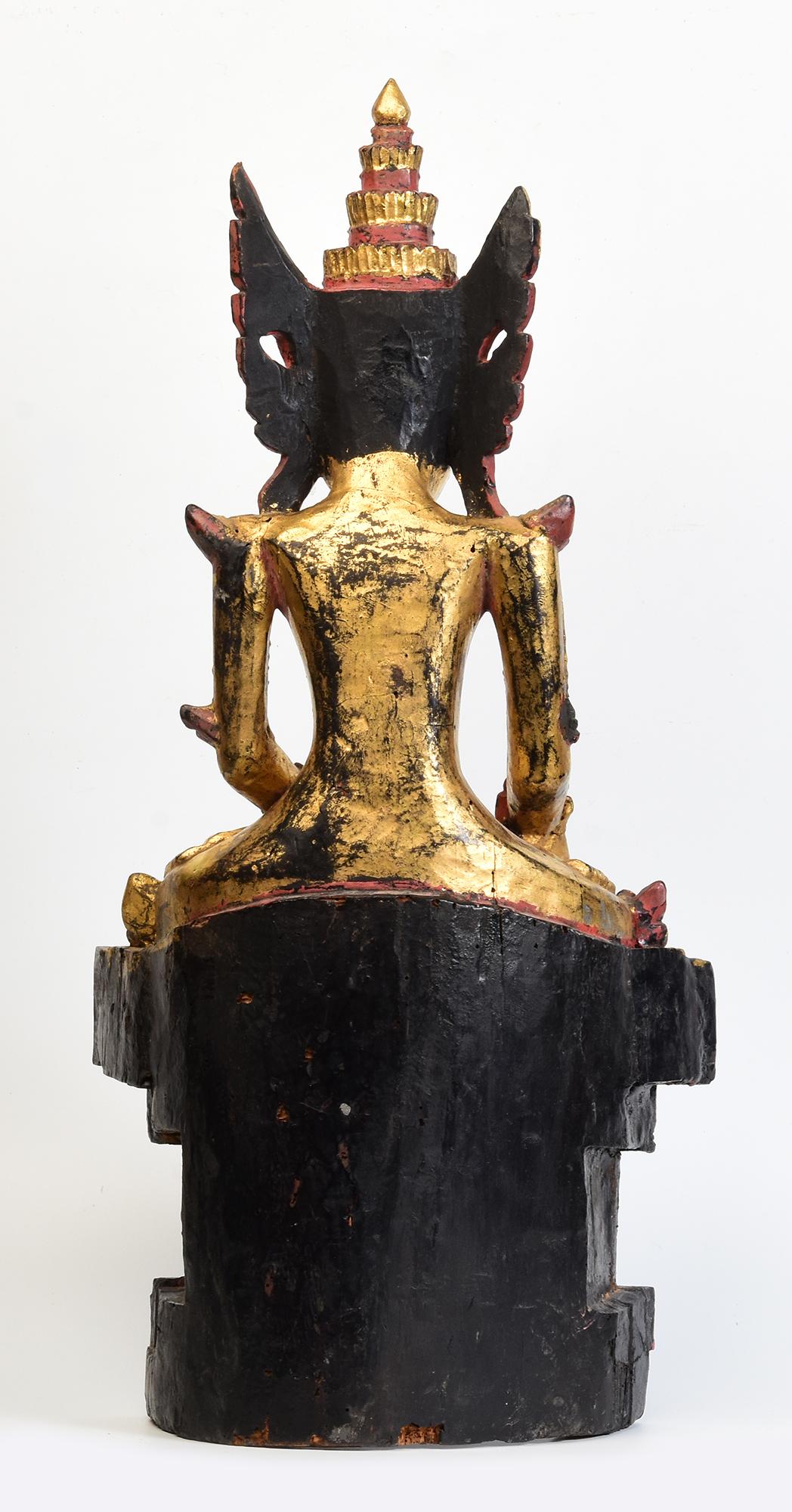 18th Century, Shan, Antique Burmese Wooden Seated Crowned Buddha For Sale 4