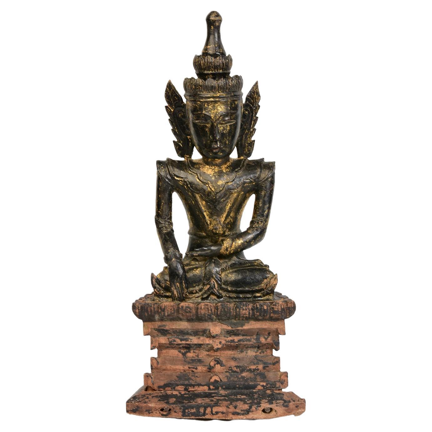 18th Century, Shan, Antique Burmese Wooden Seated Crowned Buddha