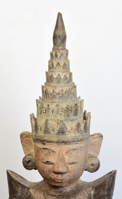 18th Century, Shan, Antique Burmese Wooden Seated Crowned King Buddha