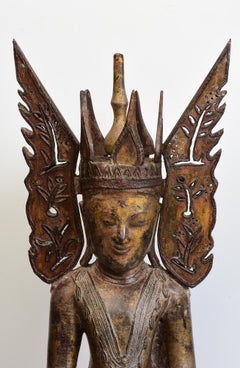 18th Century, Shan, Antique Burmese Wooden Seated Crowned King Buddha