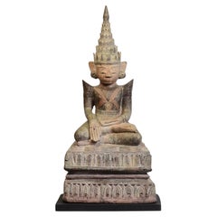 18th Century, Shan, Antique Burmese Wooden Seated Crowned King Buddha