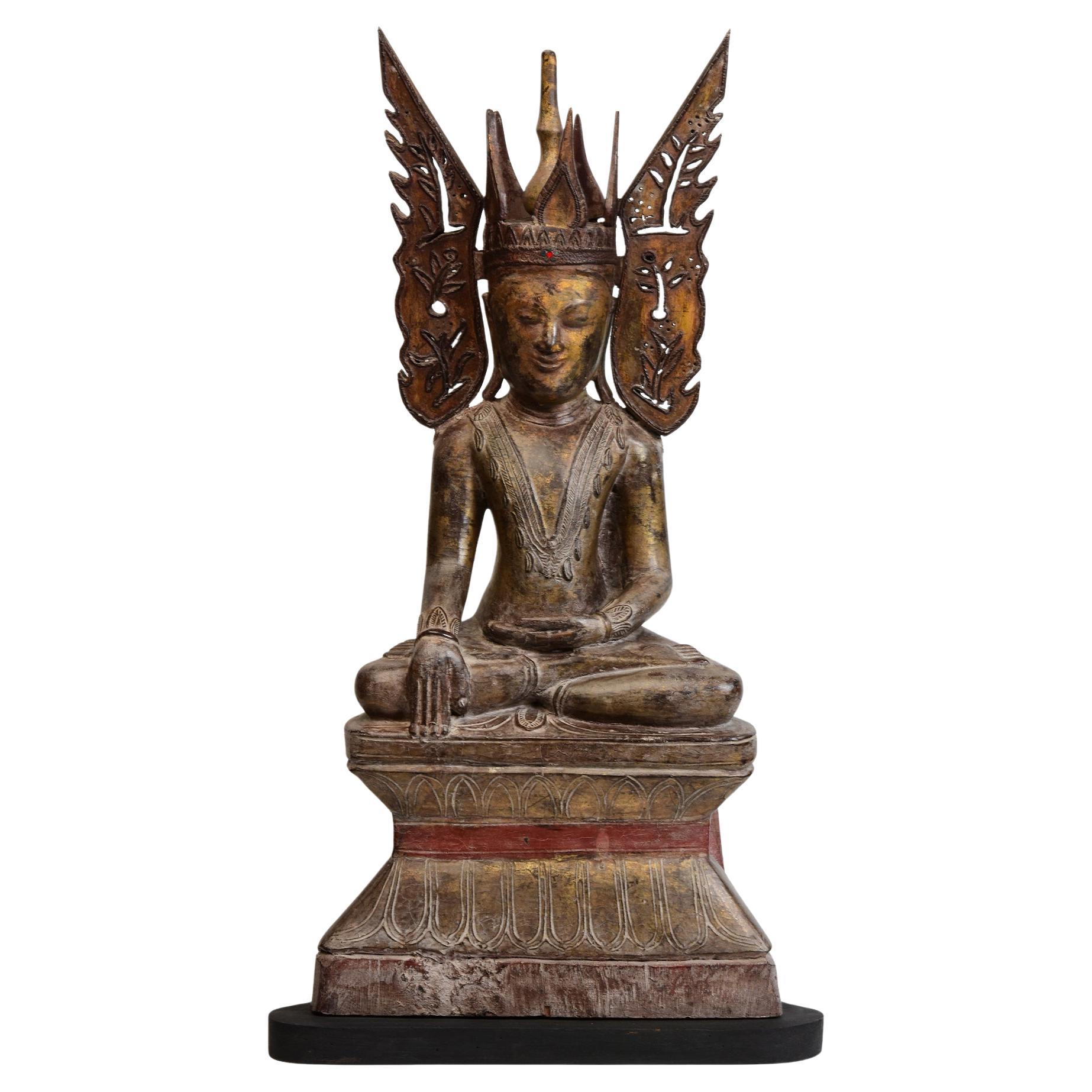 18th Century, Shan, Antique Burmese Wooden Seated Crowned King Buddha