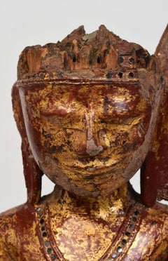 18th Century, Shan, Antique Burmese Wooden Seated Crowned King Buddha Statue