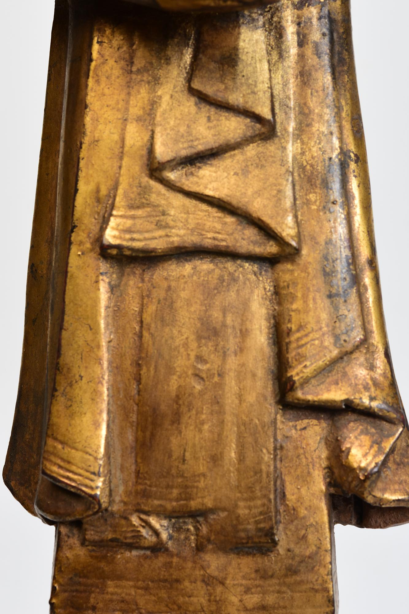 18th Century, Shan, Antique Burmese Wooden Standing Disciple / Monk Holding Bowl In Good Condition For Sale In Sampantawong, TH