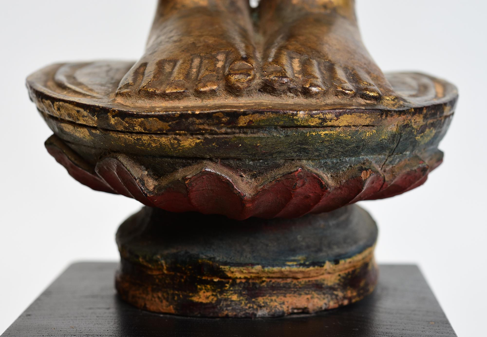 18th Century, Shan, Antique Burmese Wooden Standing Disciple / Monk Holding Bowl For Sale 1