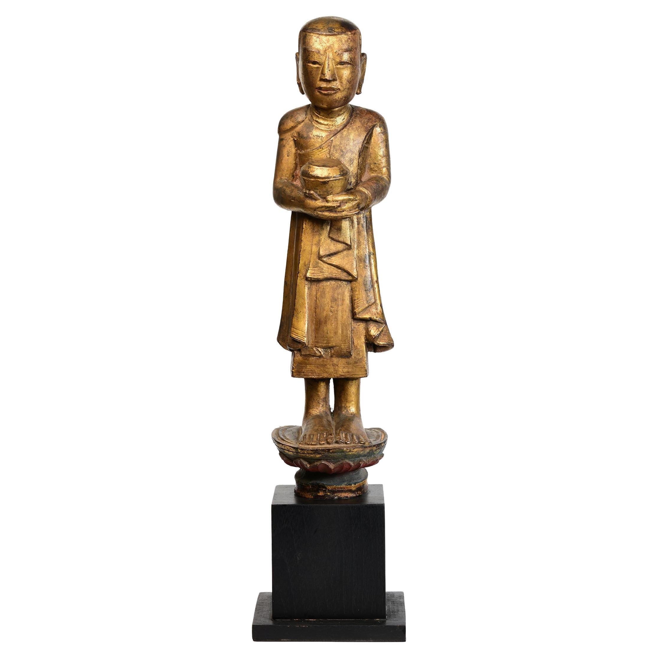 18th Century, Shan, Antique Burmese Wooden Standing Disciple / Monk Holding Bowl