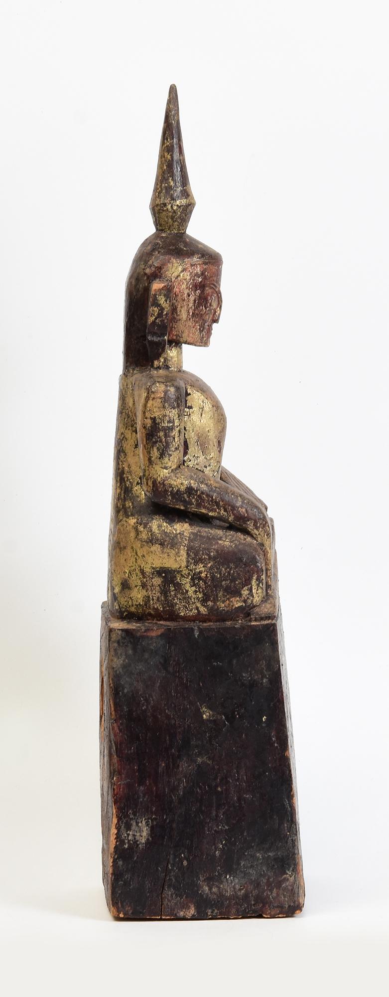 18th Century, Shan, Antique Tai Lue Burmese Wooden Seated Buddha 5