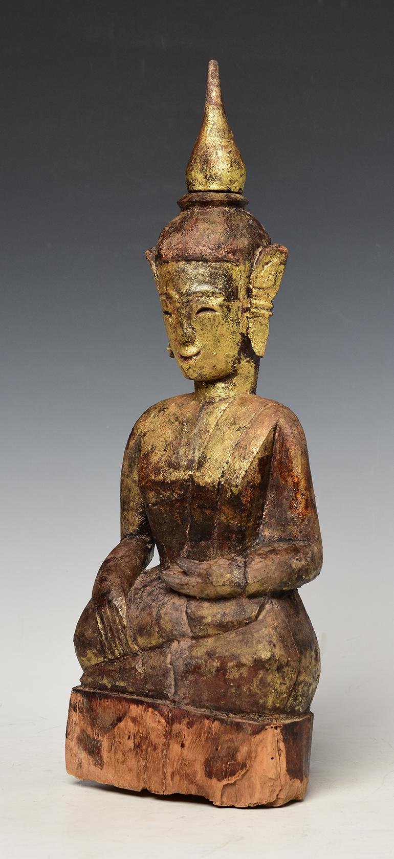 18th Century, Shan, Antique Tai Lue Burmese Wooden Seated Buddha For Sale 1