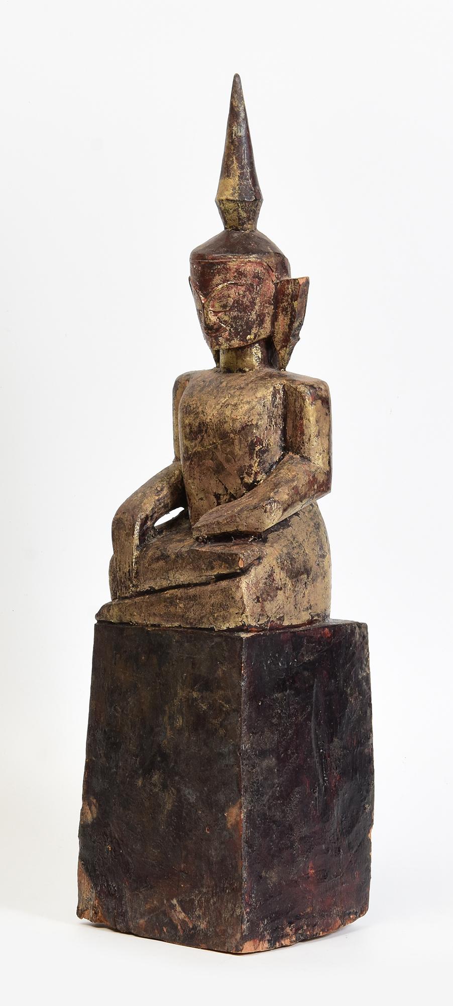 18th Century, Shan, Antique Tai Lue Burmese Wooden Seated Buddha 1
