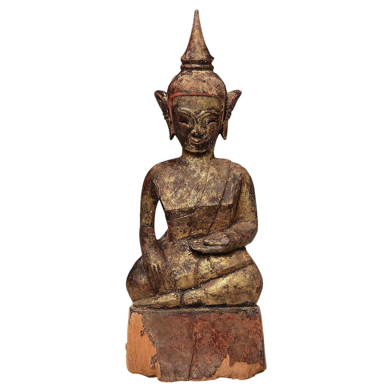 18th Century, Shan, Antique Tai Lue Burmese Wooden Seated Buddha